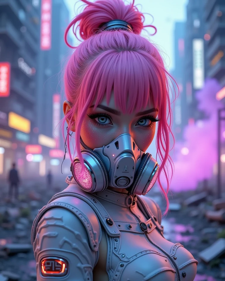 A futuristic cyberpunk female character with neon pink hair styled in a ...