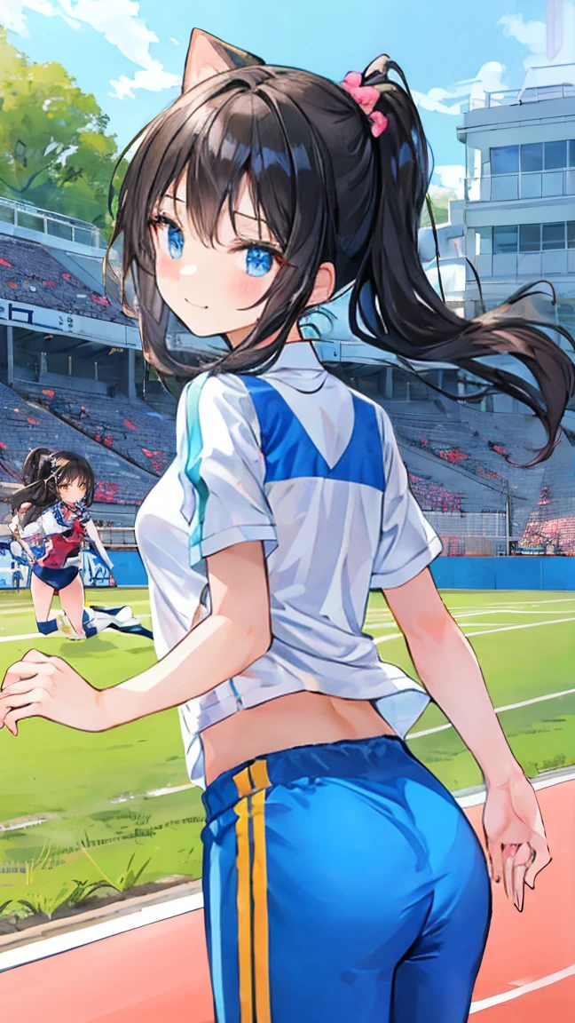 (anime ,2D) Women, soccer player , average height ,clear skin,thin face ,serious expression,blue eyes,black hair , waist length ,fringe ,collected in a high ponytail,Skinny body,big breasts,small waist, France national team uniform, In a soccer field ,kicking a ball