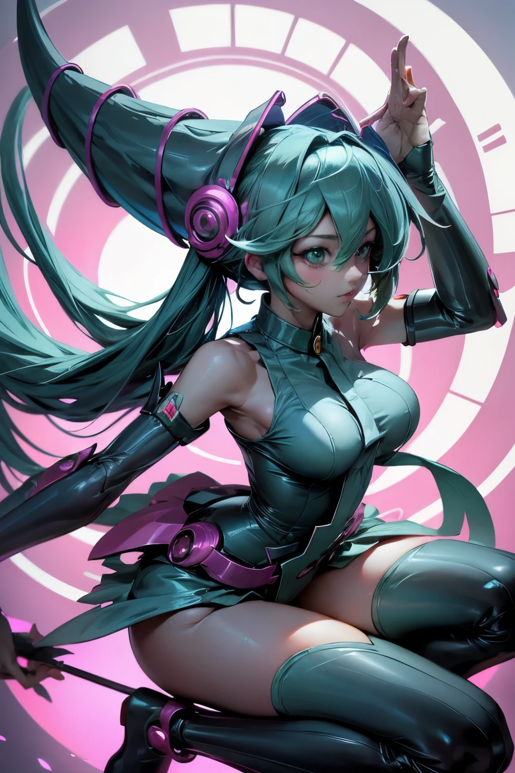 Hatsune Miku disguised as dark magician gils. Pose sexy y sensual. big . dark magician gils costume