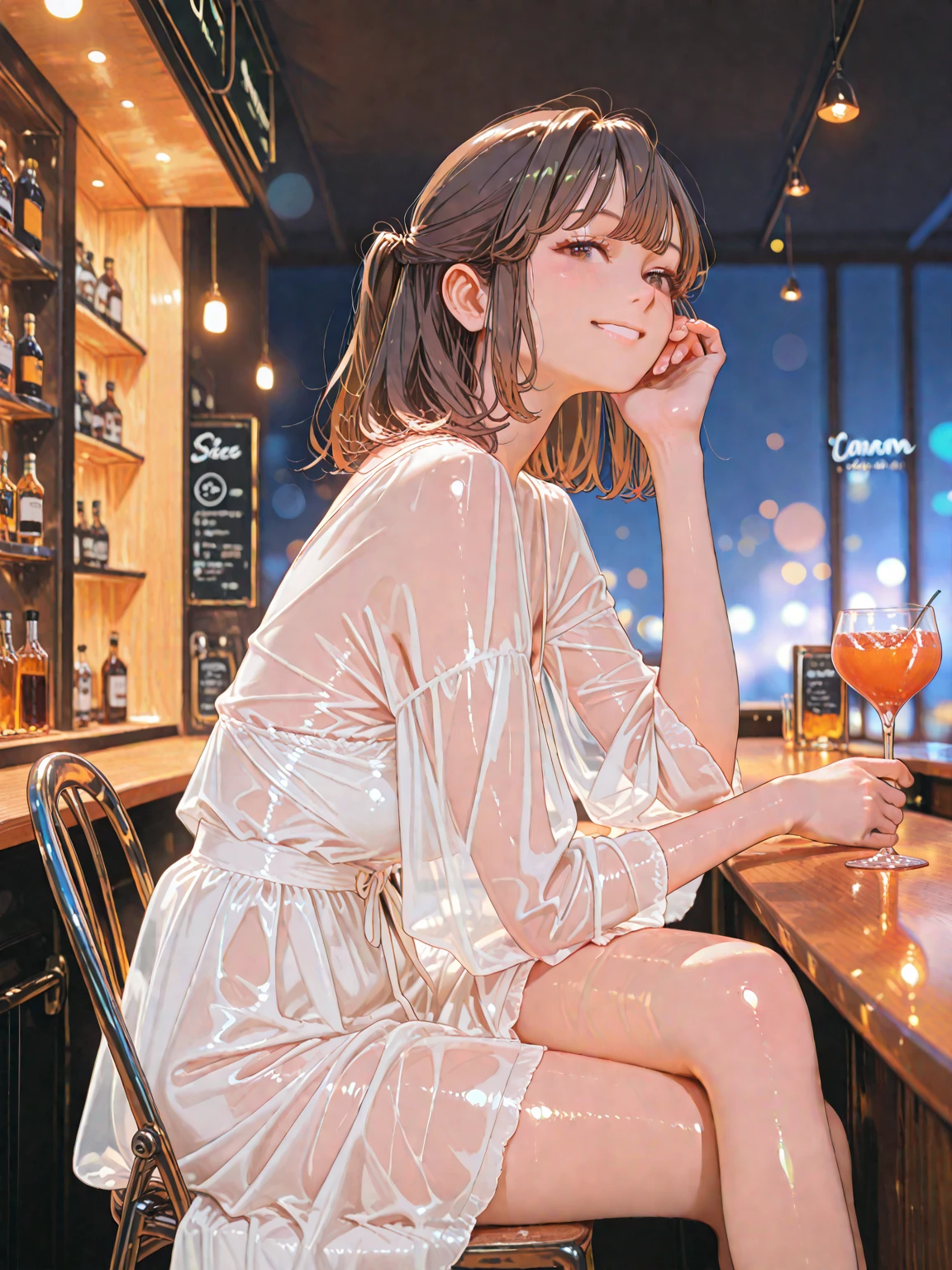 Only one female, Are standing, (navy robe) stylish, Mature Woman, /(Mid-length hair、Light brown hair、Blonde hair/) Beautiful forehead, A kind smile, (Masterpiece of the highest quality:1.2) Delicate illustrations, super detailed,  (stylish luxury room) indoor, window, Night cityscape, Detailed Background
