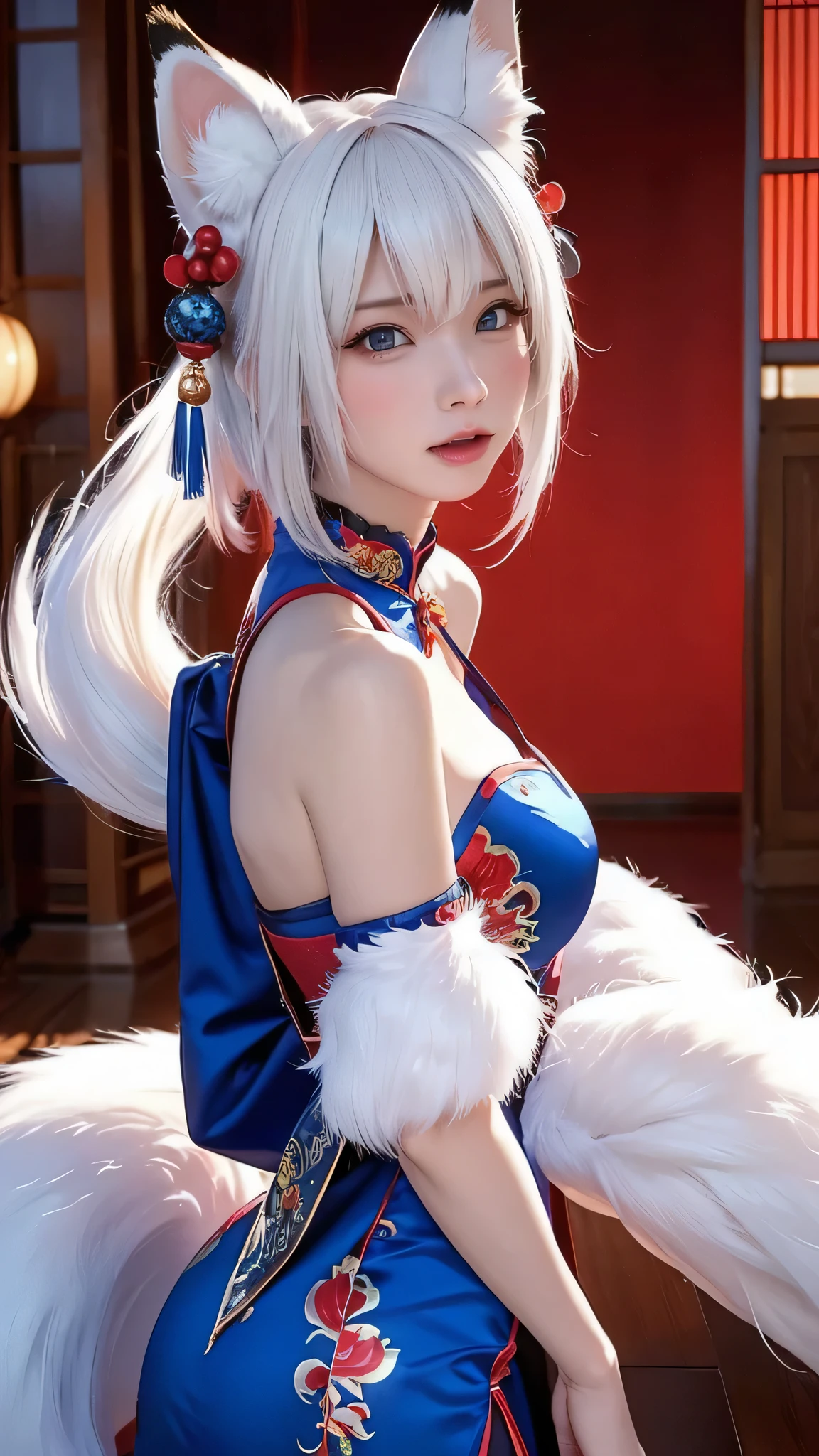 1girl, animal ear fluff, animal ears, bangs, bare shoulders, blue collar, blue eyes, blue kimono, blush, breasts, cleavage, collar, collarbone, detached collar, fox ears, fox girl, fox tail, grey hair, hair ornament, hand up, huge breasts, japanese clothes, kimono, kitsune, kyuubi, large breasts, long hair, looking at viewer, multiple tails, off shoulder, shinano \(azur lane\), simple background, solo, tail, very long hair, white background, white tail, wide sleeves,(masterpiece:1.4),(best quality:1.4),(shiny skin),realistic,<lora:shinanoAzurLane_v10:0.7> <lora:japaneseDollLikeness_v10:0.4>,