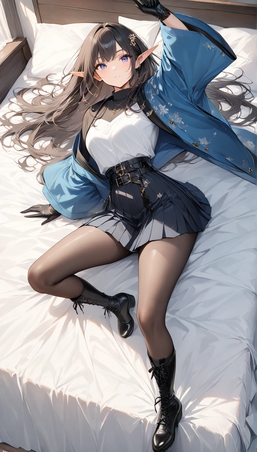 (highest quality), (masterpiece), 1080p, High resolution, 4K, 8k, Lying on your back, Leg spread, White panties, Underarm, Thigh straps, Shooting from directly above, Nipples, Sweat, Thigh-high socks, To achieve this, 16 years old, Small breasts, whole body, Black leather shoes, Braided hair, Inner Color, Embarrassed face, Short black hair, bracelet, bed room