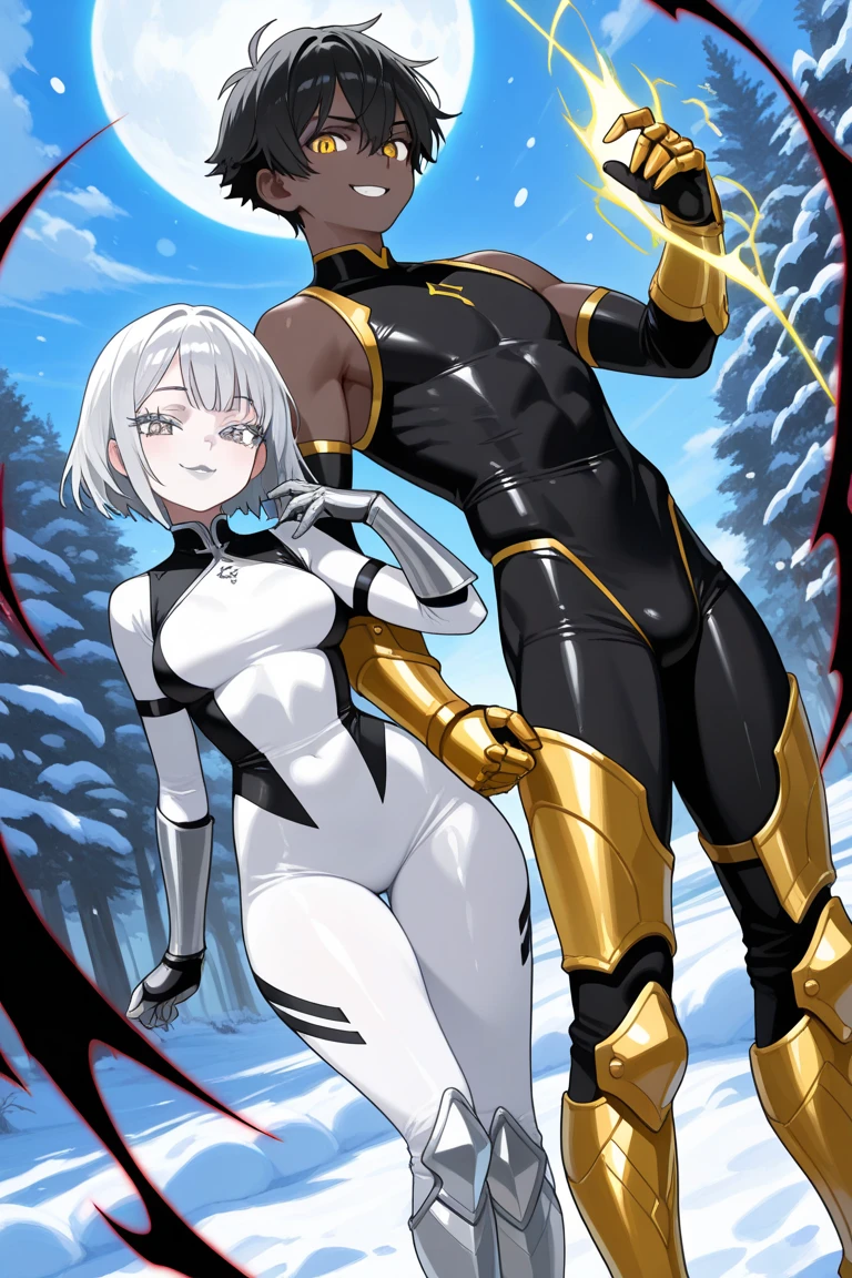 (masterpiece), (best quality), (high res) 2boys, (perfect ???????) (perfect face) anime boy, (crossdresser), medium dark brown hair, red eyes, brown skin, wide hips, narrow waist and thick thighs, flustered, brushing, standing in space, flat chest, (full body suit), (visible bulge), (skin tight space green quantum space suit) man, fair skin, white hair, yellow eyes, in outer space, (gay sex) (kissing) (French kiss)