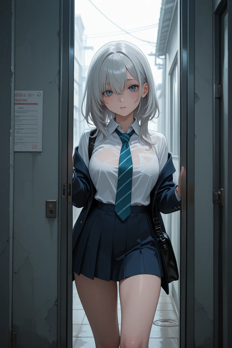 High school girl with silver hair ponytail、Green plaid skirt、white blouse and green tie、white stockings、White garter belt、(5-Fingers)、embarassed face、Teary-eyed、red blush、pussy juice,pussy,()agina),(pussy juice)、Inside a McDonald&#39;s store、、(no panties)、Composition from below、touch the clitoris