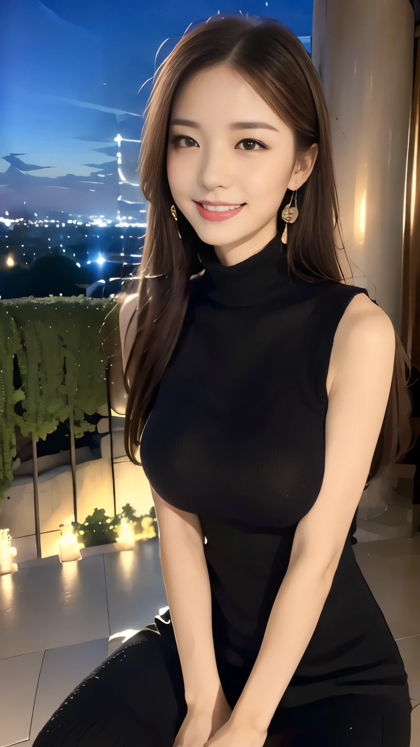 ((Top Quality, 8k, Masterpiece: 1.3)), turtleneck, mini skirt, city, hotel with view of Tokyo Tower, Korean beauty, Taiwanese beauty, big breasts, smile,