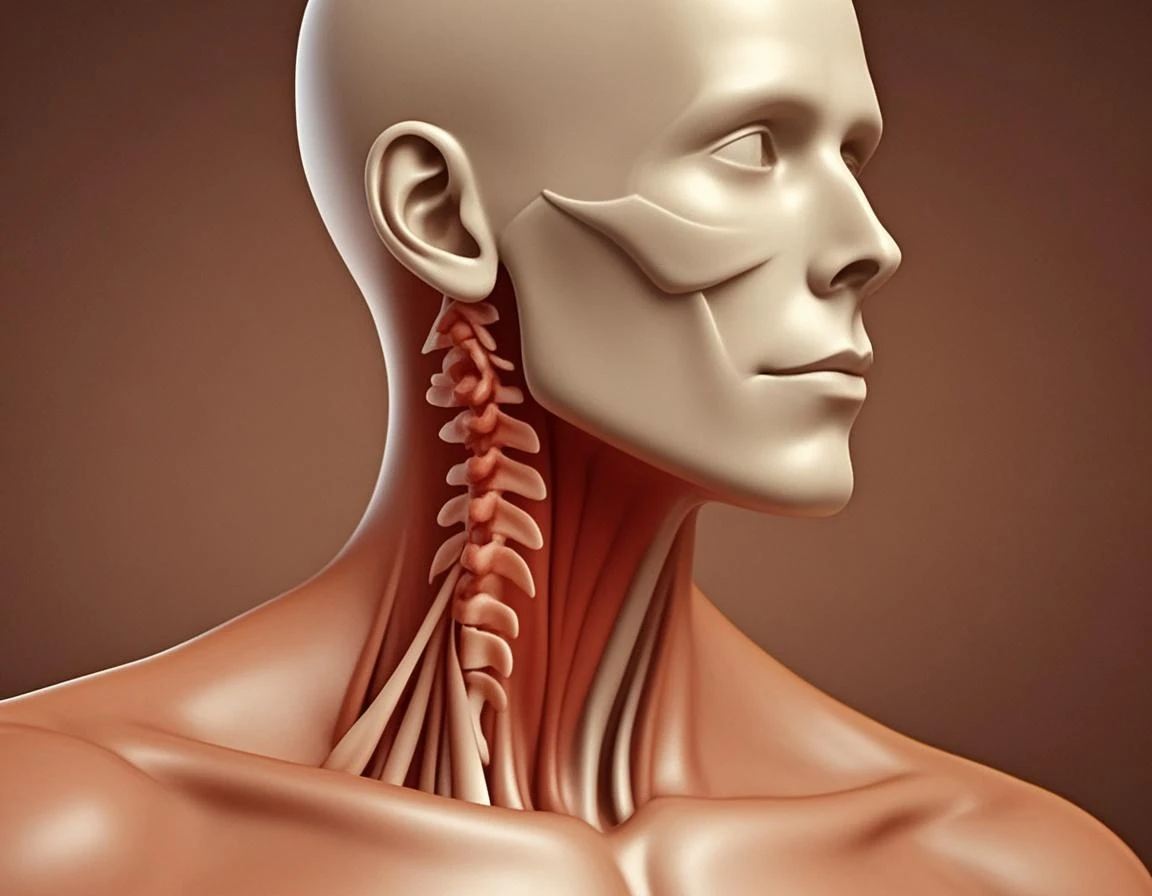 Schematic diagram of the human body，Animated version，Academic Illustrations，Above the shoulders，Highlight the distribution of neck muscles