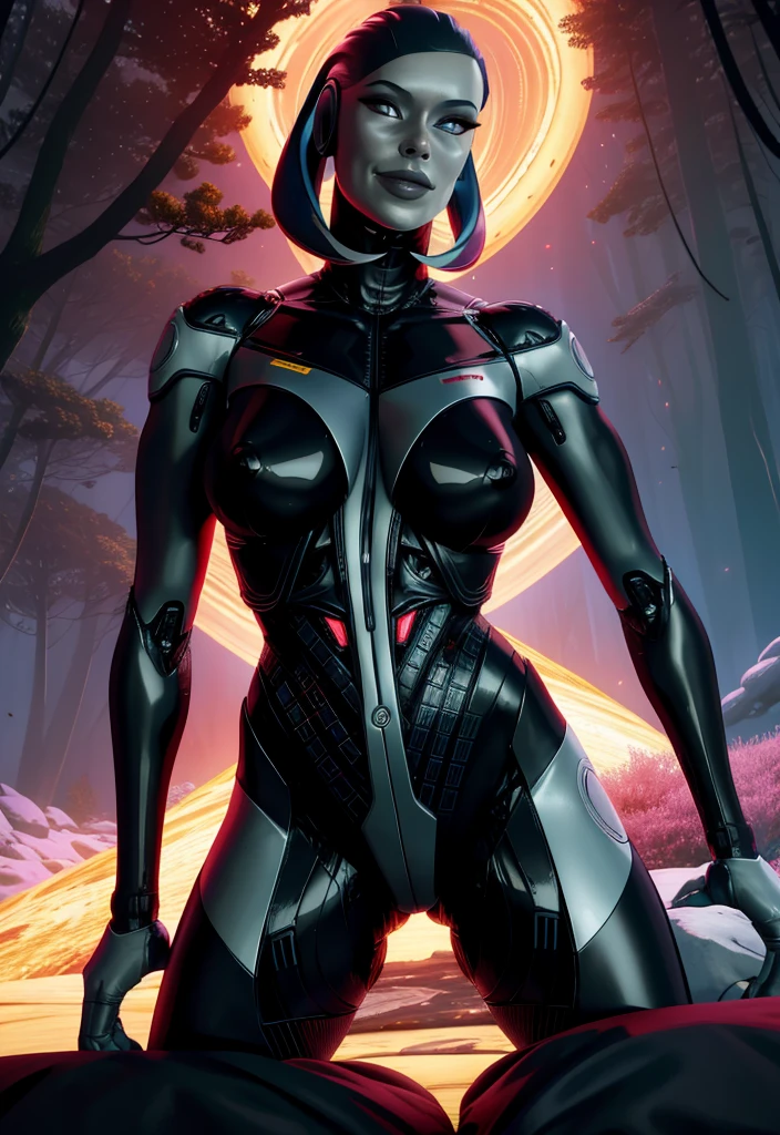 Ultra-professional cinematic landscape photo of a giant female android (EDI), blackboard atmosphere, Kinematic, global ilumination, colores apagados, Disparo oscuro, colores apagados, film grainy, lut, detalles locos, Detalles intrincados, hiper detallado, twilights, bright alien panoramic background and detailed forest by Wadim Kashin 8k, Ultra warm red and black colors, nsfw