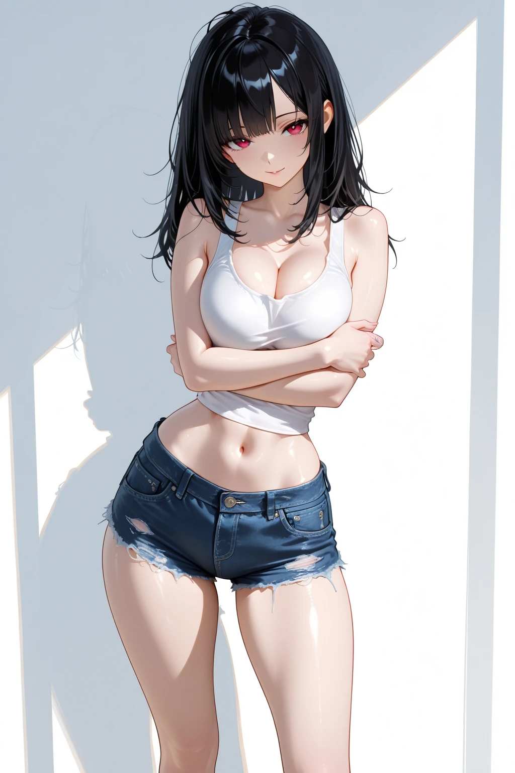 A girl wearing denim shorts and tattered short sleeves，Wearing suspender stockings on the legs，Exposing the abdomen，The figure is good，The head is not exposed，[ 4K realism ]!!, [ 4K realism ]!!!, [ 4K digital art ]!!, Realistic shadow perfect body, realisticlying!!!!!!! art-style, photorealistic anime, by Shitao, Popular topics on cgstation, Casual pose, realistic anime 3D style