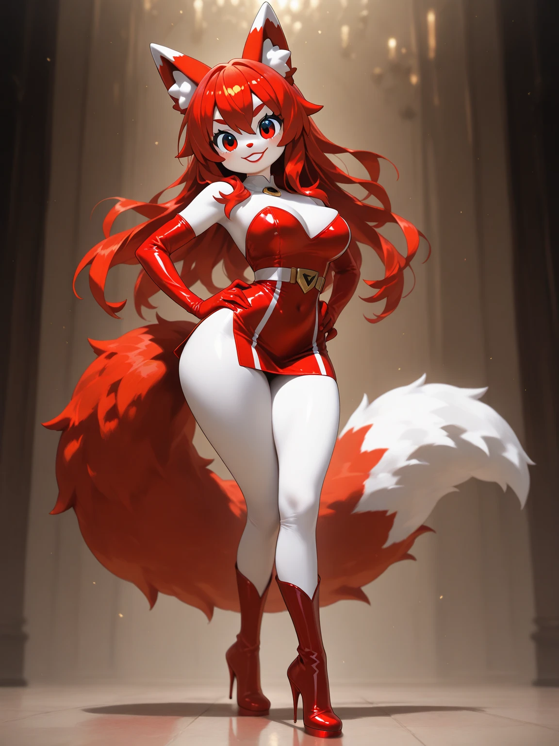 Happy woman, with wolf ears and red hair, holding her cheeks, wolf tail, wearing a latex dress, looking at veiwer, full body, you can see her chest, naked breasts