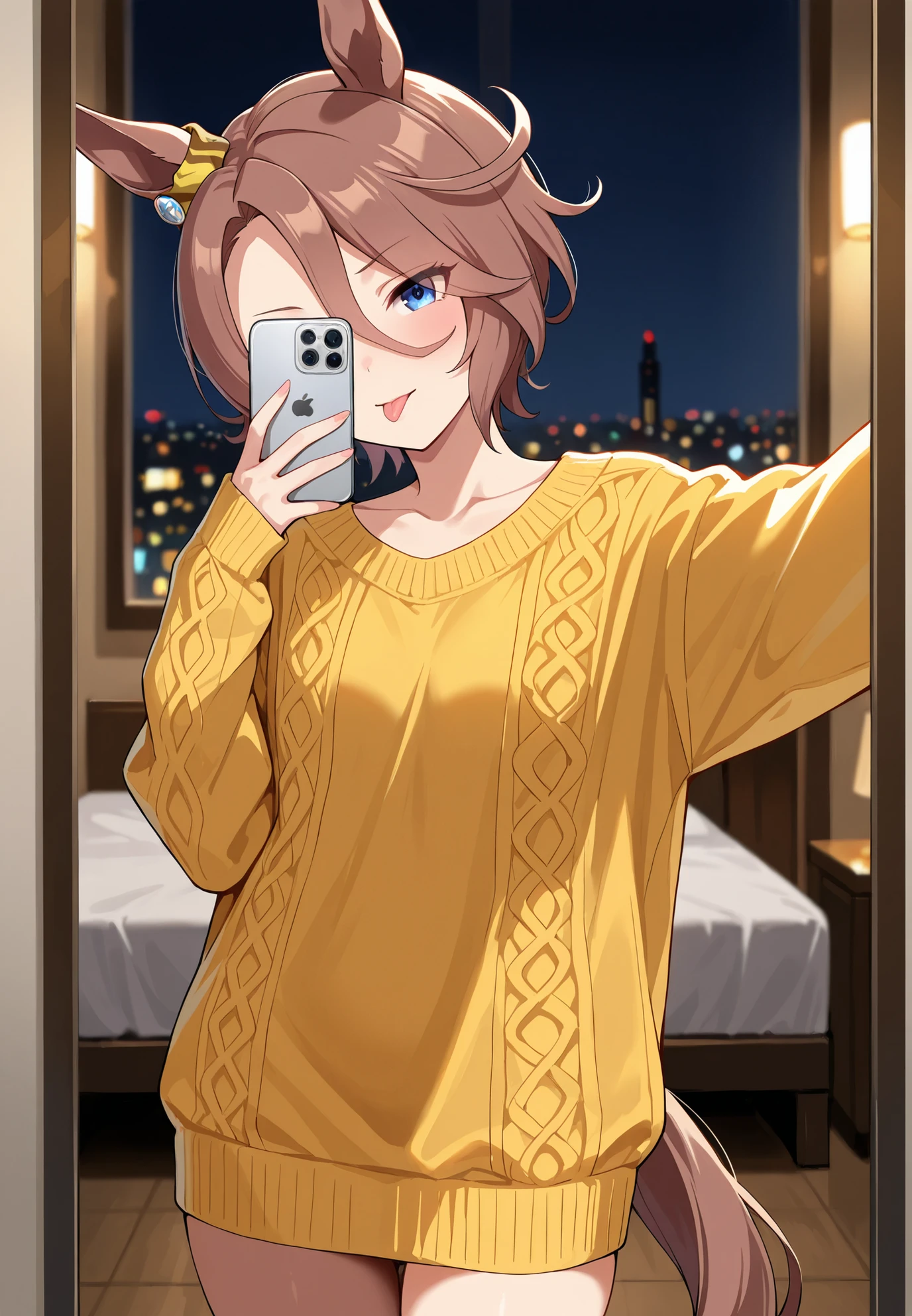 1girl,solo, narita taishin \(umamusume\), umamusume, taking a selfie with an iphone, v, tongue out, alluring atmosphere, luxurious hotel bedroom, night time, cinematic lighting, masterpiece,top quality,warm color,high resolution,high fashion,absurdres extremely,vivid colors,intricate details,best quality,amazing quality,very aesthetic,newest,ultra-detailed,nsfw,