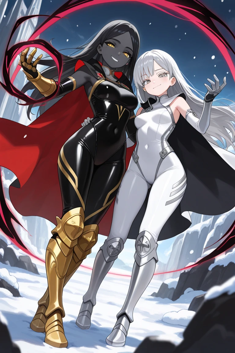 (masterpiece), (best quality), (high res) 2boys, (perfect anatomy) (perfect face) anime boy, (crossdresser), medium dark brown hair, red eyes, brown skin, wide hips, narrow waist and thick thighs, flustered, brushing, standing in space, flat chest, (full body suit), (visible bulge), (skin tight space green quantum space suit) man, fair skin, white hair, yellow eyes, in outer space, (gay sex) (kissing) (French kiss) (kissing each other)