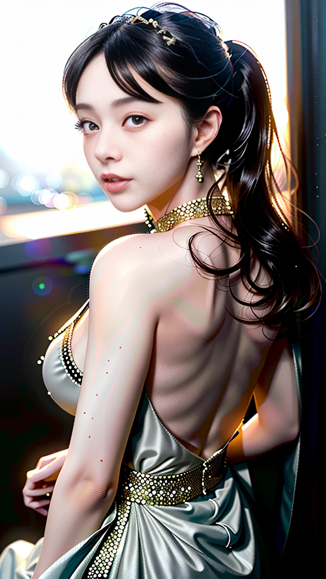 a beautifully detailed photo-realistic portrait of a young woman with a sensual expression, her tongue out and belly button visible, looking up at the camera from a low angle, set against the backdrop of a scene from Stanley Kubrick's 2001: A Space Odyssey, ultra-detailed, 8k, hyperrealistic, cinematic lighting, rich colors, dramatic atmosphere, masterpiece