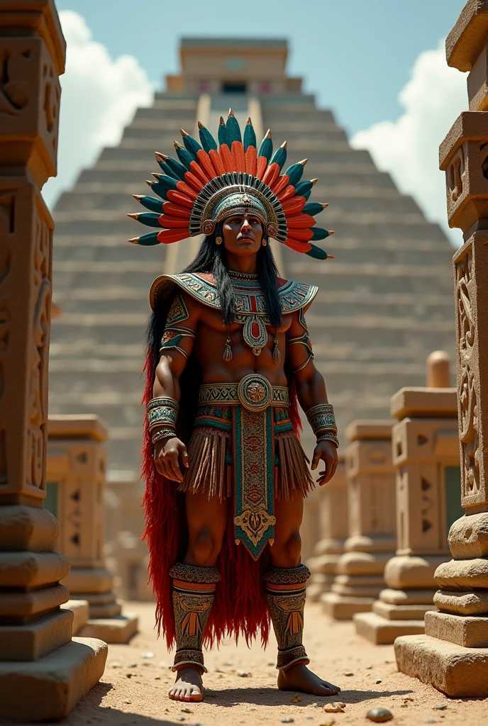 Mayan Goddess of War, in battle pose, holding his macuahuitl and pre-Hispanic spear with jaguar skin loincloth, using feathers and jade stones as decorations, with a plume of peacock feathers, with a beautiful face and athletic body as he stands imposingly in front of the entrance to a colossal Mayan pyramid and keeps a jaguar in Mayan armor at his side