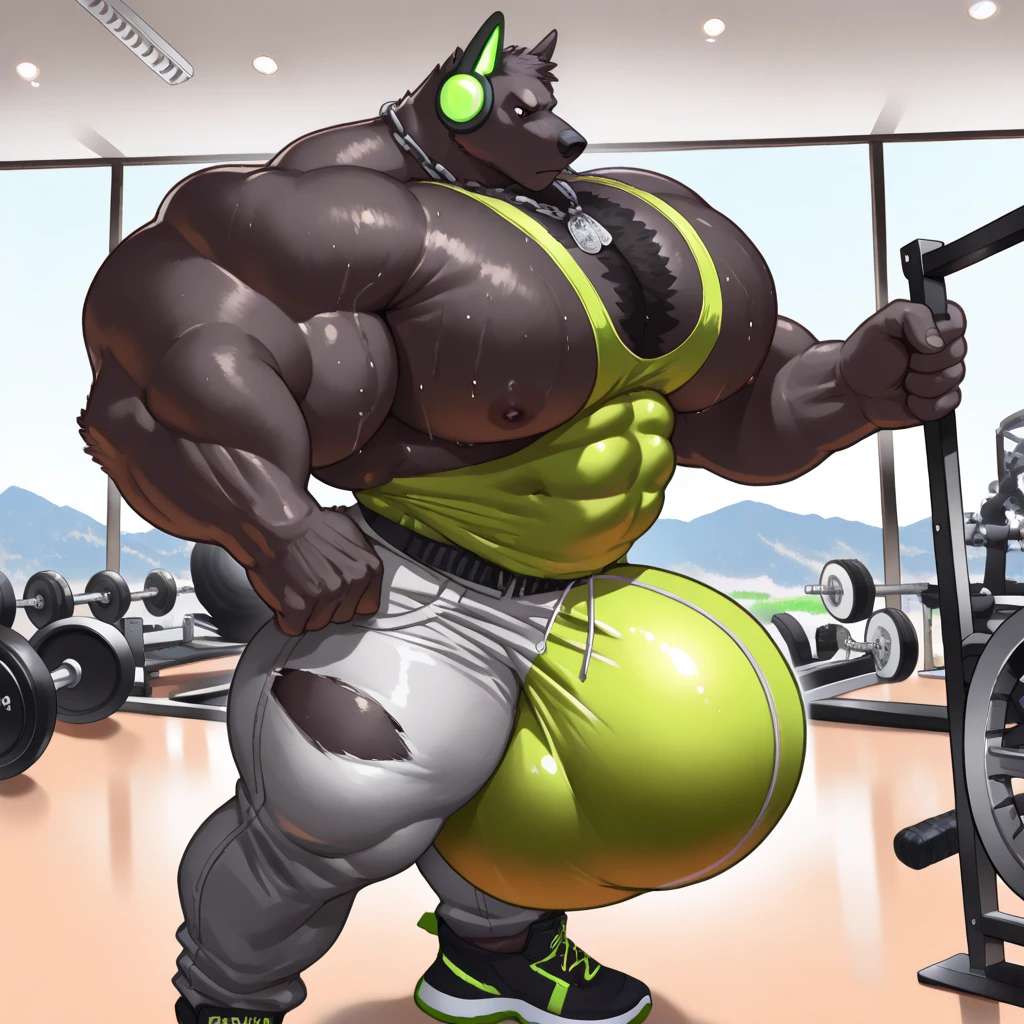 (by darkgem, by boosterpang, by duase, by BNG), solo focus, 1boy, male, lion boy, cute, girly, femboy, short boy, looking at viewer, smiling, happy, large muscular body, (hyper hips:1.3), (huge bulge), bulgeJ8, long hair, detailed eyes, lust, masterpiece, best quality, lycra shorts, white tank top, pink sneakers, standing upright, photorealistic, hyperrealistic, ultradetailed, detailed background, photo background, digital drawing (artwork), girly, bedroom eyes, (aerobics class), indoors, looking at viewer, stretching, hands behind head, (tail),