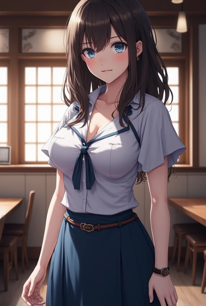 ((best quality)), ((masterpiece)), ((detailed)), (((perfect face))), (((slender 18yo teenage girl))), ((((medium breasts)))), ((((topless)))), ((((dark blue pleated skirt)))), ((dark brown hair)), ((short ponytail)), (((blue eyes))), ((shy:1.3)), ((blushing:1.5)), (((bare chest))), ((bare stomach)), ((bare shoulders)), (((bare arms))), (((walking))), ((((fancy café, windows)))), (((walking))), (((shy arms))), (((looking at viewer))), (((open front door))), ((((detailed background))))