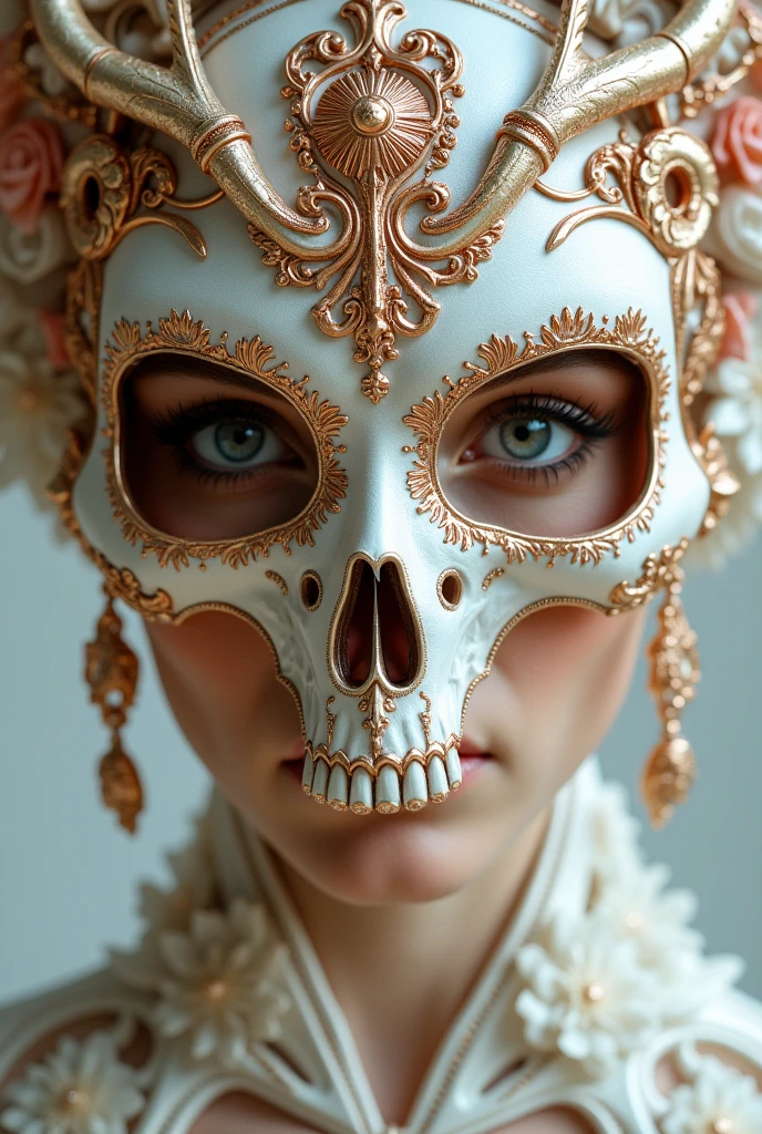 photo portrait of a woman wearing a skull and bone mask, in the style of rose gold and white, looking at camera, frontal vogue style, dreamy symbolism, celestialpunk, baroque-inspired details, tan skin, fashion editorial, canon 50mm 1.2L, ultra details --ar 4:5 --style raw --stylize 50 --v 6.0