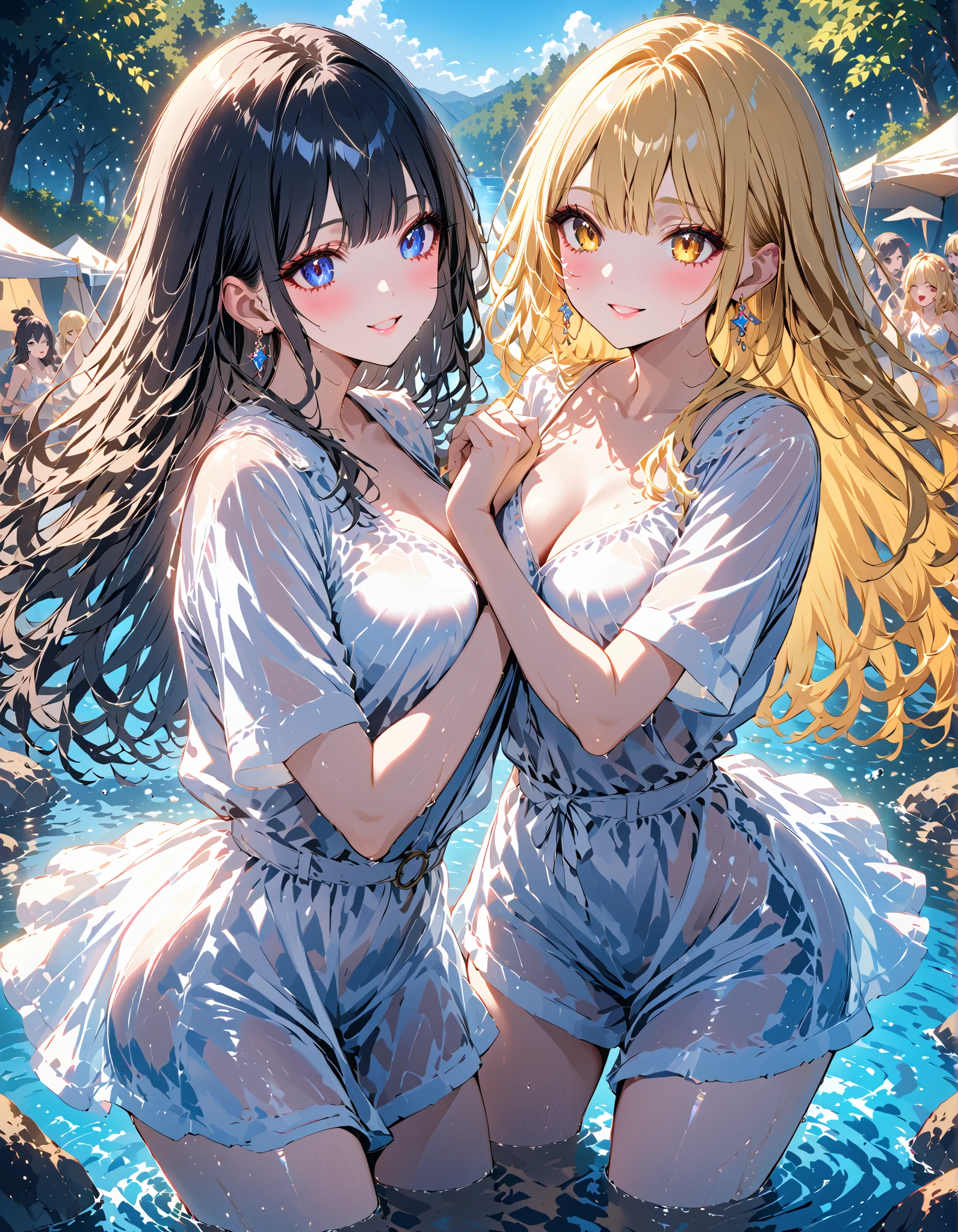 One mature woman with long blonde hair and large breasts.、One black-haired male,Fresh face,Walking together、Dating at the beach、Two people walking hand-in-hand on the sandy beach、See each other、smile、Open your mouth a little、Summer landscape、Swimwear、Upper Body、blush、Shy、To intertwine each other's arms、ビキニのSwimwearを着た女性、belly button、