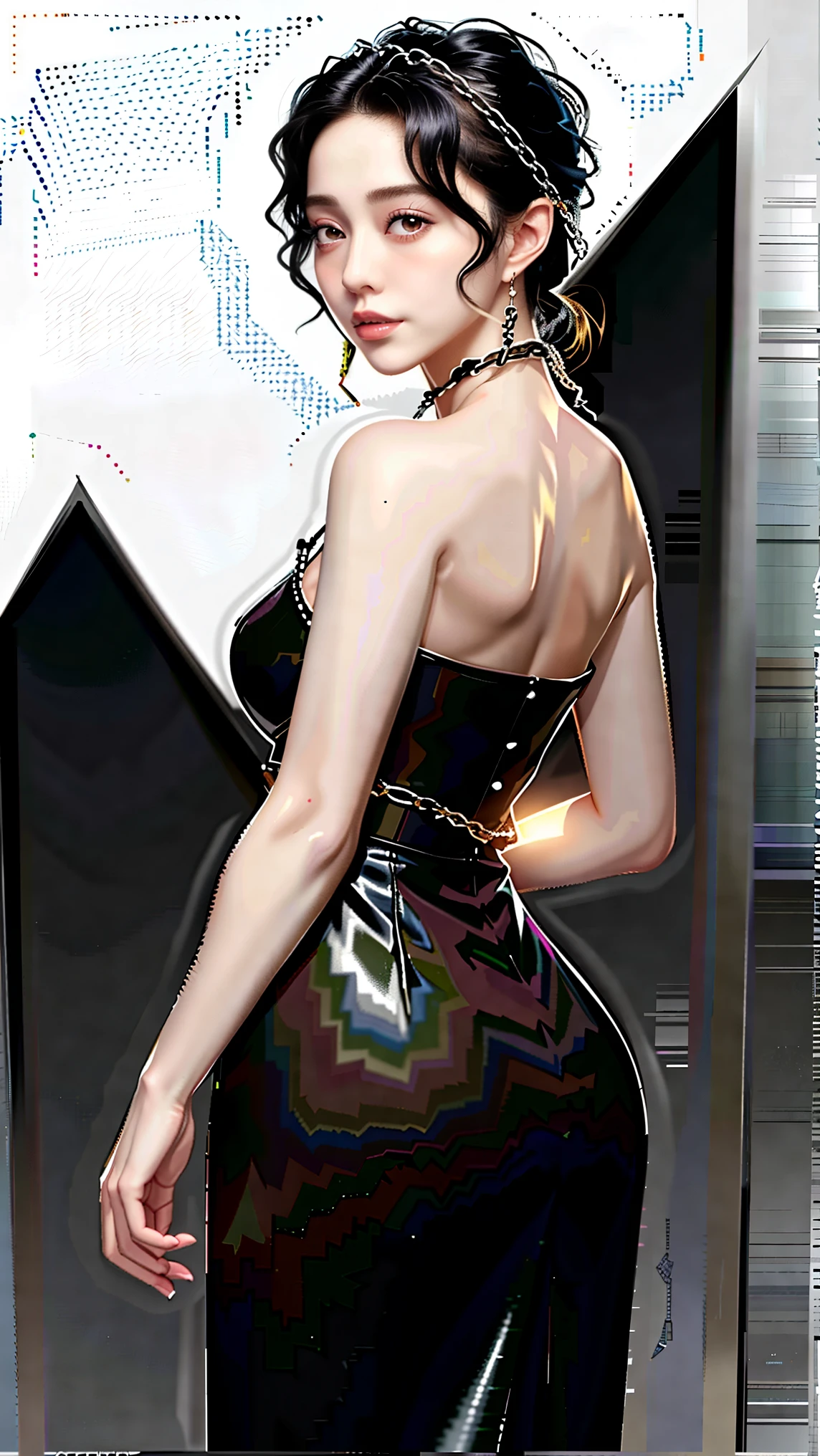 woman, ((policewoman, police uniform,pencil skirt,covered navel, restrained, parted lips, chain, chained)), hands behind back,((light frown, blush)),street,looking to the side,
shiny skin, skindentation,realistic,masterpiece, highest quality, highres,absurdres,