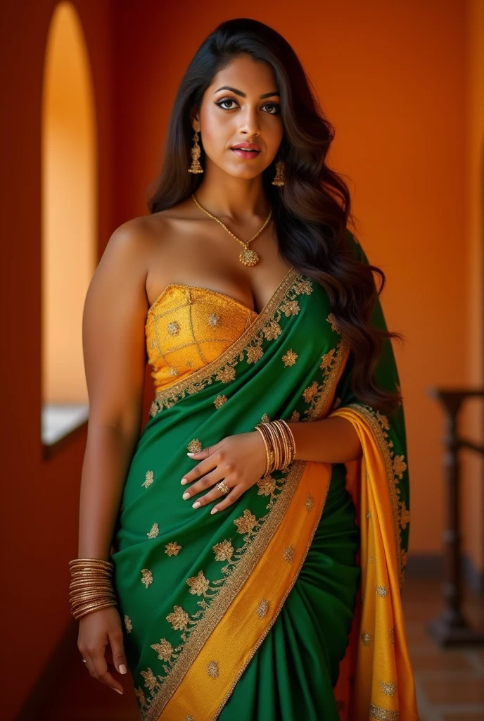 Beautiful Indian Woman, wearing saree, sari Beauty, gorgeous, Apsara, Maharani, royal queen woman, nymph from Hindu Mythology, Urvashi, matchless beauty, Highly detailed, Oil Painting by Peter Paul Rubens inspired by Raja Ravi Varma, Matchless beauty, captivating, gorgeous, heavenly beauty, celestial beauty, by Peter Paul Rubens, 13, realistic, hyper realistic, micro details, incredible artwork, insane details, ultra High resolution, 8k, 32k, acrylic on canvas, intricate, flawless, detailed, detailed face, detailed eyes, masterpiece, by Peter Paul Rubens, by Caravaggio, by William Adolphe bouguereau, perfect face, perfect body, beautiful art, realism, baroque, renaissance Art, highly textured, beautiful and detailed eyes, uhd, best quality, flawless art, detailed art, 
