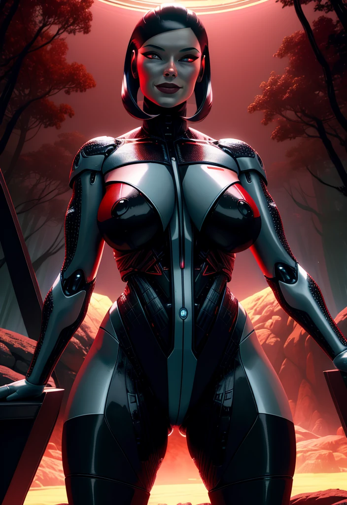 Ultra-professional cinematic landscape photo of a giant female android (EDI), blackboard atmosphere, Kinematic, global ilumination, colores apagados, Disparo oscuro, colores apagados, film grainy, lut, detalles locos, Detalles intrincados, hiper detallado, twilights, bright alien panoramic background and detailed forest by Wadim Kashin 8k, Ultra warm red and black colors, NSFW