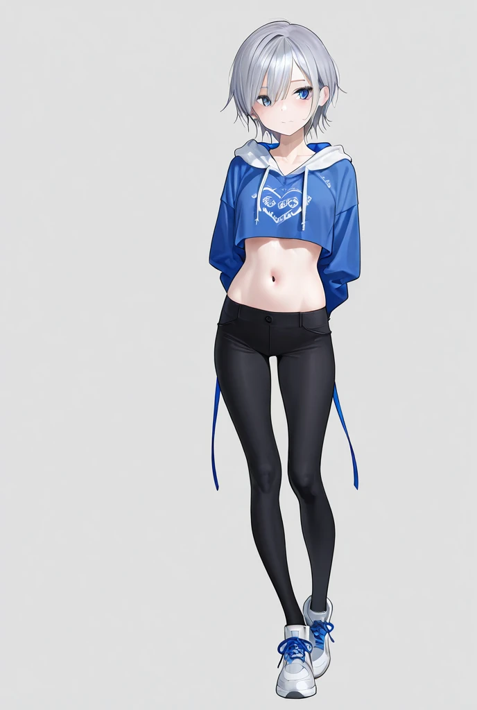 1 girl, short, pixie cut, white hair, white eyelashes, purple eyes, Japanese, white skin, large breast, full body, white crop hoodie, black leggings