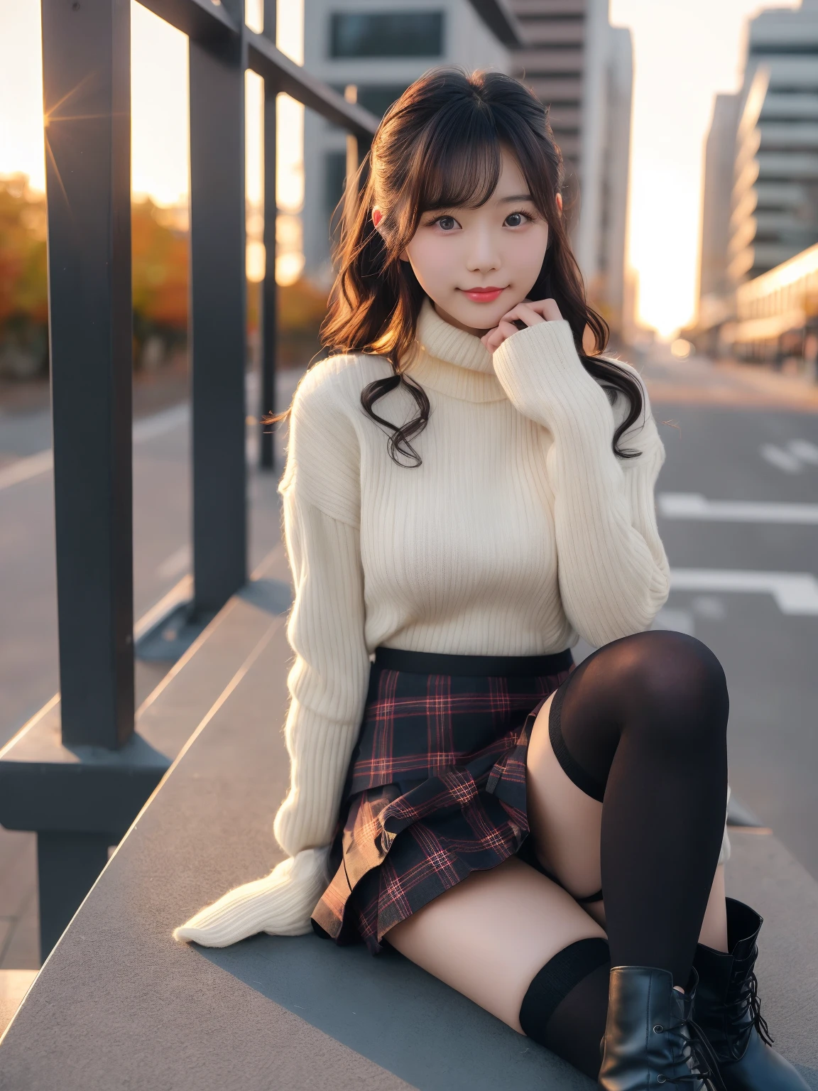 (Best Quality, 8k, 32k, Masterpiece, UHD: 1.3), Attractive Japan Woman Pictures, One Girl, Perfect Body, Ultra Detailed Face, Detailed Lips, Fine Eyes, Fashion Model, Slender, Japanese Idol, brown hair, Stylish, Realistic, Photorealistic:1.3, Beautiful Face, light brown hair,  asymmetrical bangs, (grin), (Black tops:1.2), ((mini plaid skirt, black Knee-high socks:1.2)), (stairs), 