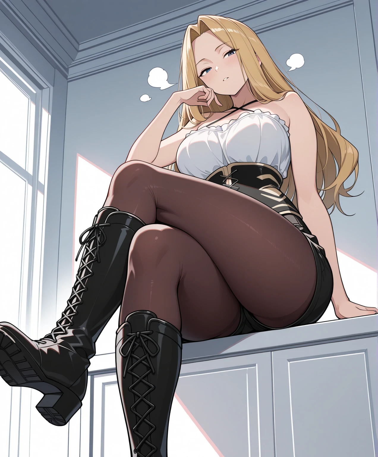 Perfectly shaped、Perfect limbs、High quality、1 girl、tits、Small breasts、Tight body、Curved waist、Spread your legs、Sitting、Nipples visible through shirt、blush、((from below:1.5)), Staring at me with a seductive look、A face as lustrous as a prostitute、Dark Back Alley、Under the street lamp、Super long hair、Blonde、One eye is covered by hair、High heels、Absolute area、Plump thighs、clavicle、Bondage、