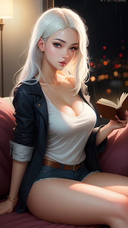 (Best quality, 4k, Masterpiece :1.3, 8k, ultra-detailed, ultra-masterpiece), mature pretty woman, ultra-detailed face, detailed lips, full lips, detailed eyes, double eyelid, wide hips, thick thighs, smooth skin, (big breasts:1.4), ((white hair)), ((red eyes)), ((thicc body)), tall, skinny jeans and a black leather jacket over a white tank top, (Reading a book in a room), sitting in a chair, reading a book in a room, background window with several buildings in the background, white sweater