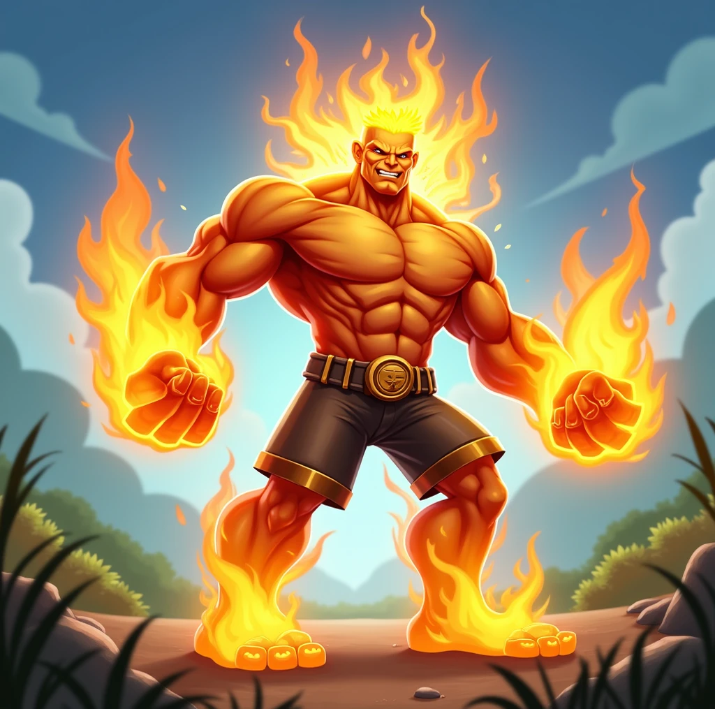 burly middle-aged man,his body is strong、muscular,He charges in the dark,He was wearing only a pair of underwear,A fire lit behind him,Fire condenses from his hands,He has red flame tattoos on his right shoulder and chest