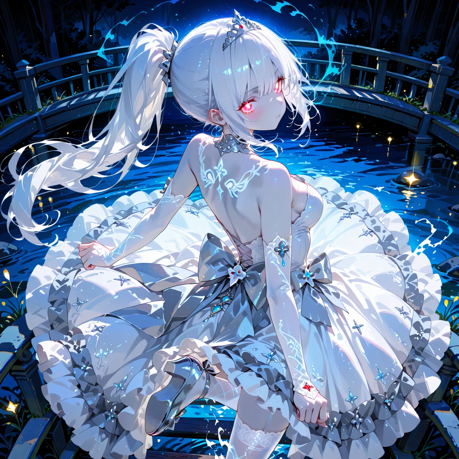 ((Highest quality)), ((masterpiece)), ((detailed)), 1ghost girl, 独奏, pale skin, silver hair, long hair, flat chest, sundress, heterochromia, yellow eye, (sad), sad smile, rain, (wet), see through