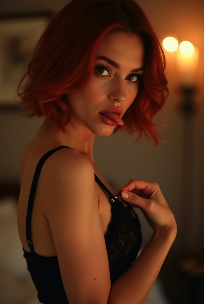 woman 30 years old, bob cut curly red hair, (Best quality, Masterpiece: 1.1), (Loyalty: 1.4), (NFSW: 1.5),(Detailed landscape in the background.: hotel bedroom bed, with lip gloss , red lipstick, many eyelashes, dark black eye shadow), round silver glasses, lascivious look, purple pupil, lascivious smile, blushing, freckles all over the body, high quality, High resolution, Choker, Earrings and bracelets, saggy breast, translucent lace panties, small sheer lace bra, Breasts are about to come out of bra, bra is about to burst, the peak of the breast protrudes, the shape of the peak of the breast is clearly visible, white translucent off the shoulder shirt, full body, beautiful skin, knees apart, a lot of exposure, very line, lascivious body, sitting on the teacher's desk, legs open, slim thighs, bare crotch, camel toe, , hard peak on the chest, looking at the viewer, POV from below, slim thighs