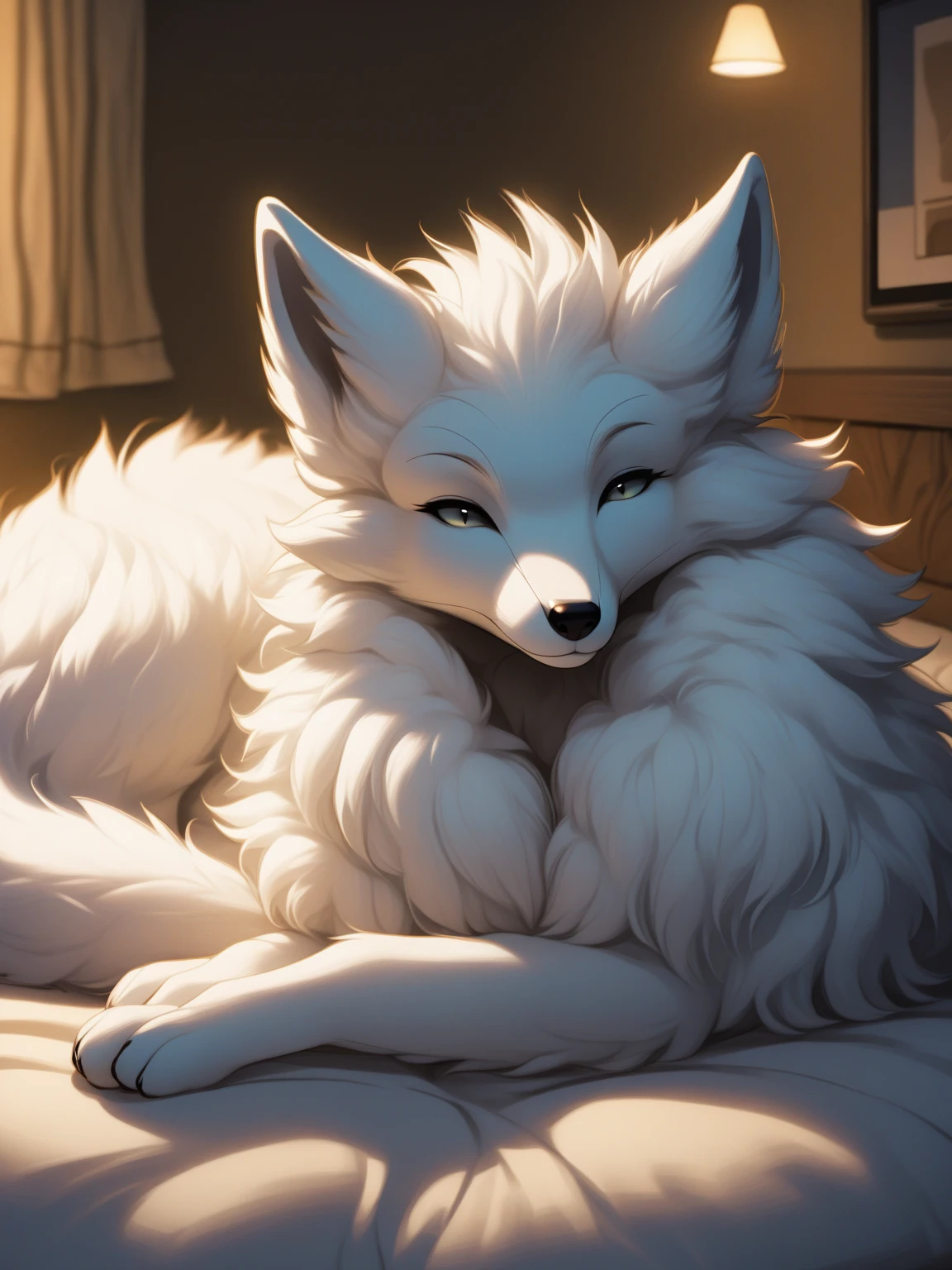 score_9,score_8_up,score_7_up, source_furry, a tall female wolf anthro, furry, gray snout, black nose, blue eyes, athletic body, short spiked undercut platinum blonde hair, black lips, wolf tail, wolf ears, lying on a bed, sharp canine teeth, (view from side:1.5), top down ass up, raised ass, long hair, close up, grabbing sheets, face closeup, big ass, flushed face, (dark gray fur:1.3), raised tail, two tone fur, looking at viewer, SFW, wolf face, detailed background, white curtains, sunlight