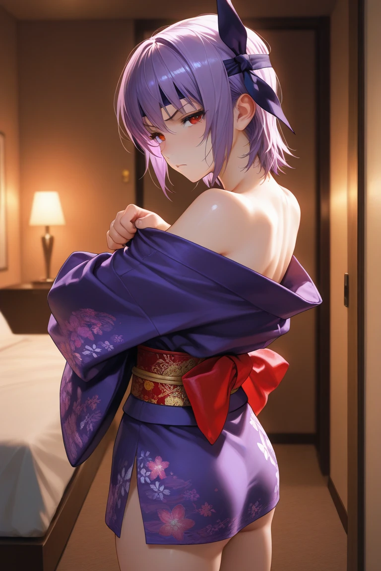 BREAK looking at viewer, BREAK (masterpiece:1.2), best quality, high resolution, unity 8k wallpaper, (illustration:0.8), (beautiful detailed eyes:1.6), extremely detailed face, perfect lighting, extremely detailed CG, (perfect hands, perfect anatomy)fern, long hair, bangs, (purple eyes:1.1), purple hair, sidelocks, blunt bangs, (bright pupils:1.5),onsen,hot springs, night, half updo,
long sleeves,Japanese clothes,yukata, sash, cleavege,neckline,full body,stockings,from behind,upskirt,bend over.