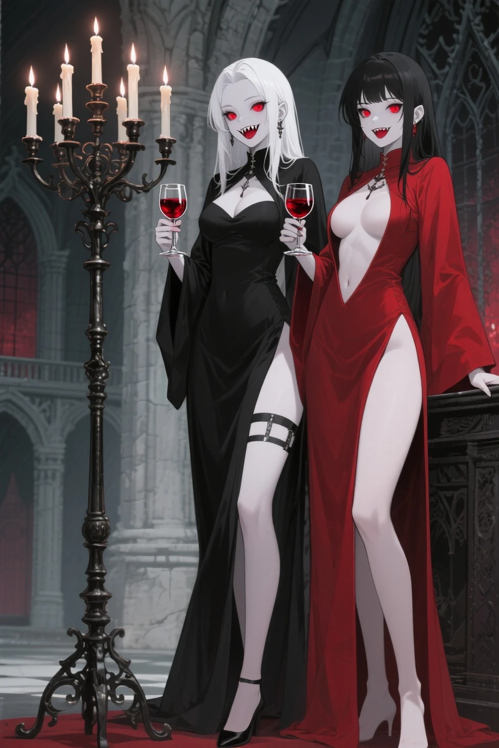 lesbian, seductive, long dress, leg slit, touching, fondling, vampire, 2girls