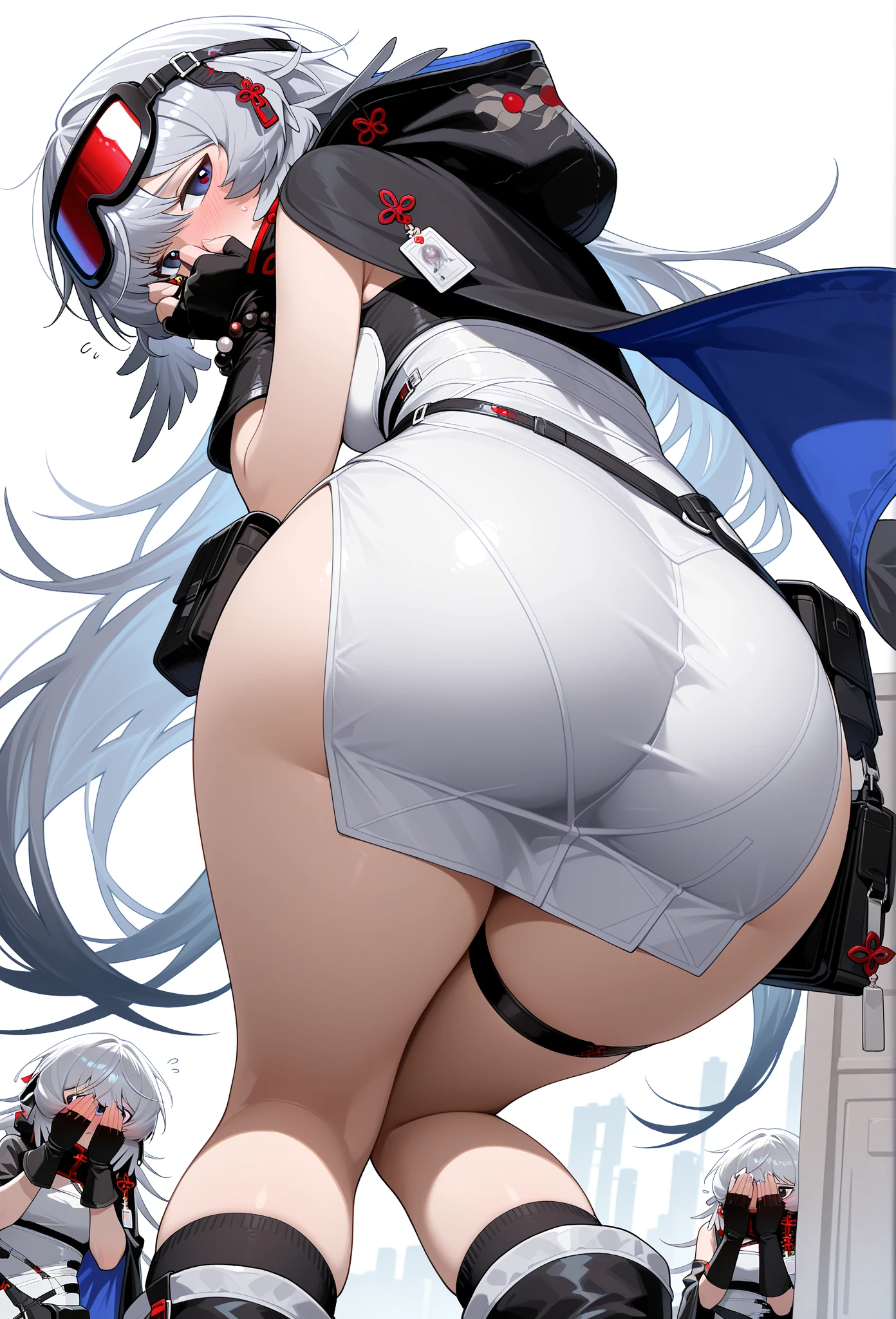 Iroha、super breasts、thick thighs、long black hair、8K, 4k, highest quality, High resolution: 1.2)、cute anime face、noise removal、maid、和風maid、black leotard、full body portrait、Leotard that bites into、Japan holding a sword、sandals、blue eyes、Black long tights、gentle smile、white kimono、T-back that digs into your butt、emphasis on the buttocks