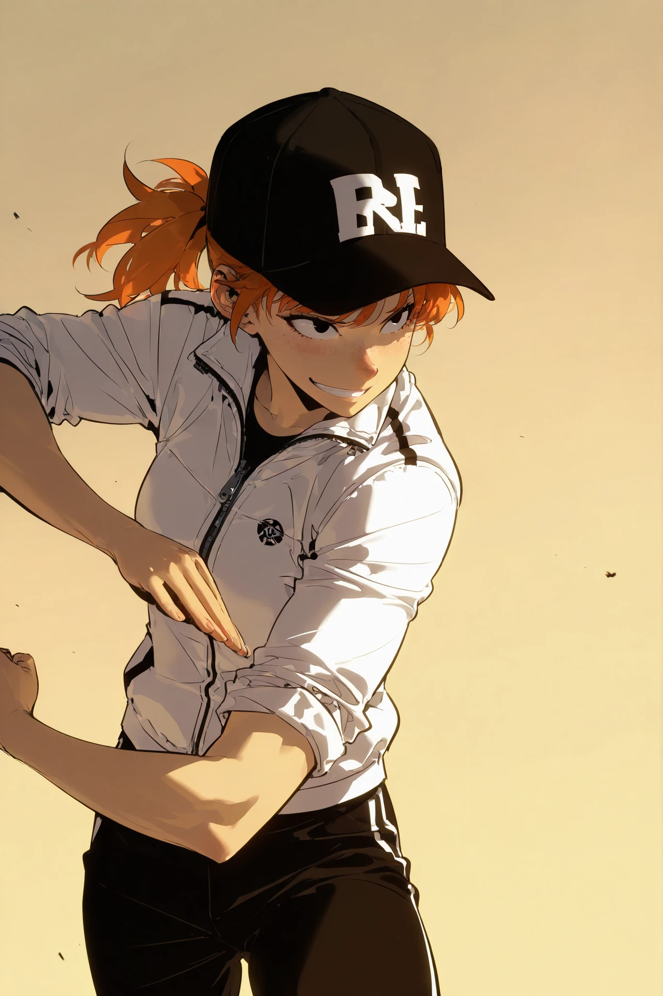 Beautifull, Athletic body, toned body, alone, woman, , orange hair in a ponytail under a black cap, black blue eye, white jacket With light armor plates on her shoulders, zipper, black pants, Freckles , smile grin, intricate sketch, Rolled up sleeves , expressive eyes nose and mouth, fighting stance, relaxed, stance, 2d, solo leveling artstyle, upperbody