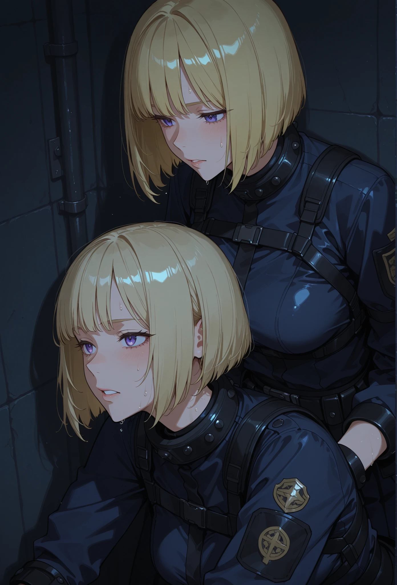 masterpiece, highest quality,High resolution,,1 girl, AND18, 1 girl, android 18, alone, golden hair,blue eyes, short hair,earrings,frown,blush, Sweat,,black tight suit,put your hands on your hips,serious face,graduate School,Research room,