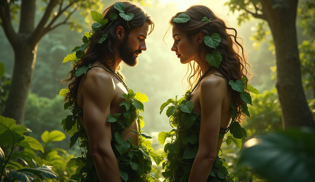 Adam and Eve together in the garden of Eden. Adam the man in his mid 20s, is a descendant of Aphrodite, ah inherited a certain beauty from him, The he looks very pale, with beautiful, slightly greenish hazel eyes, curly hair not so long, hazelnut brown but sometimes some reddish lights, the boy has a fit body, He is tall and very attractive, too handsome, He is and is in the garden of Eden, 32K UHD, extremely detailed, high definition, style raw and Eve in he garden of Eden, in a leaf attire, shoulders shown, beautiful woman with blue eyes, extremely detailed, High definition, 32K UHD, High resolution, Style Raw,