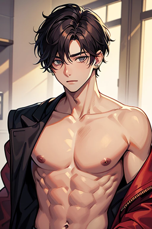 ((masutepiece)), ((Best Quality)), ((Brown skin)), ((dark blue eyes)), ((Dark blue hair))、Handsome man , ((very short hair、No bangs、Forehead)), masculine、Tall、A sexy、Adult man、Sanpaku eyes、smirk、suits、handsome man、Kowamote、firmly、well-muscled、broad shoulders