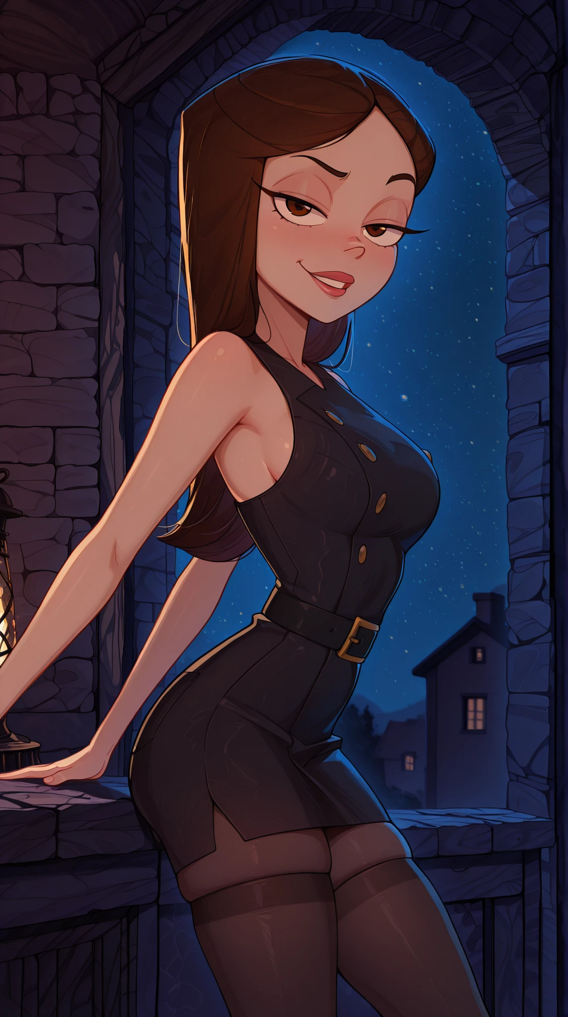 Rio Morales on halloween night, seductive, leaning down, at door, witch hat, busty, pumpkins, new york city, night time