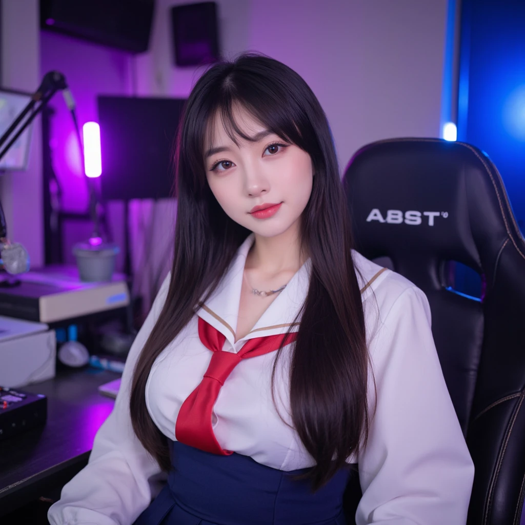 4k high detail realistic picture of a pretty asian girl with black hair, her skin is pale and without makeup, she is wearing a school uniform and sits on a gaming chair