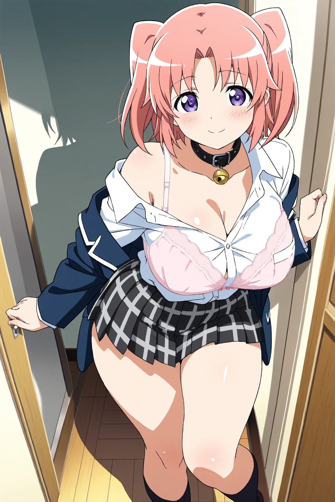 Highest quality, High resolution, Pixel Perfect, 4K, (Beautiful Anime Girls), (Perfect hands:1.5), (Perfect Fingers:1.5), Written boundary depth, Observe the audience, Perfect body, yuigahama yui, Brown eyes, Detailed eyes, Single hair bun, (Big Breasts:1.2), Red ribbon, White shirt, Black jacket, Check skirt, School classroom, smile, blush, (Lift up the skirt:1.5), (Wide pelvis:1.5), (Thick thighs:1.5), (Pink Panties:1.5), (Thigh up:1.5)