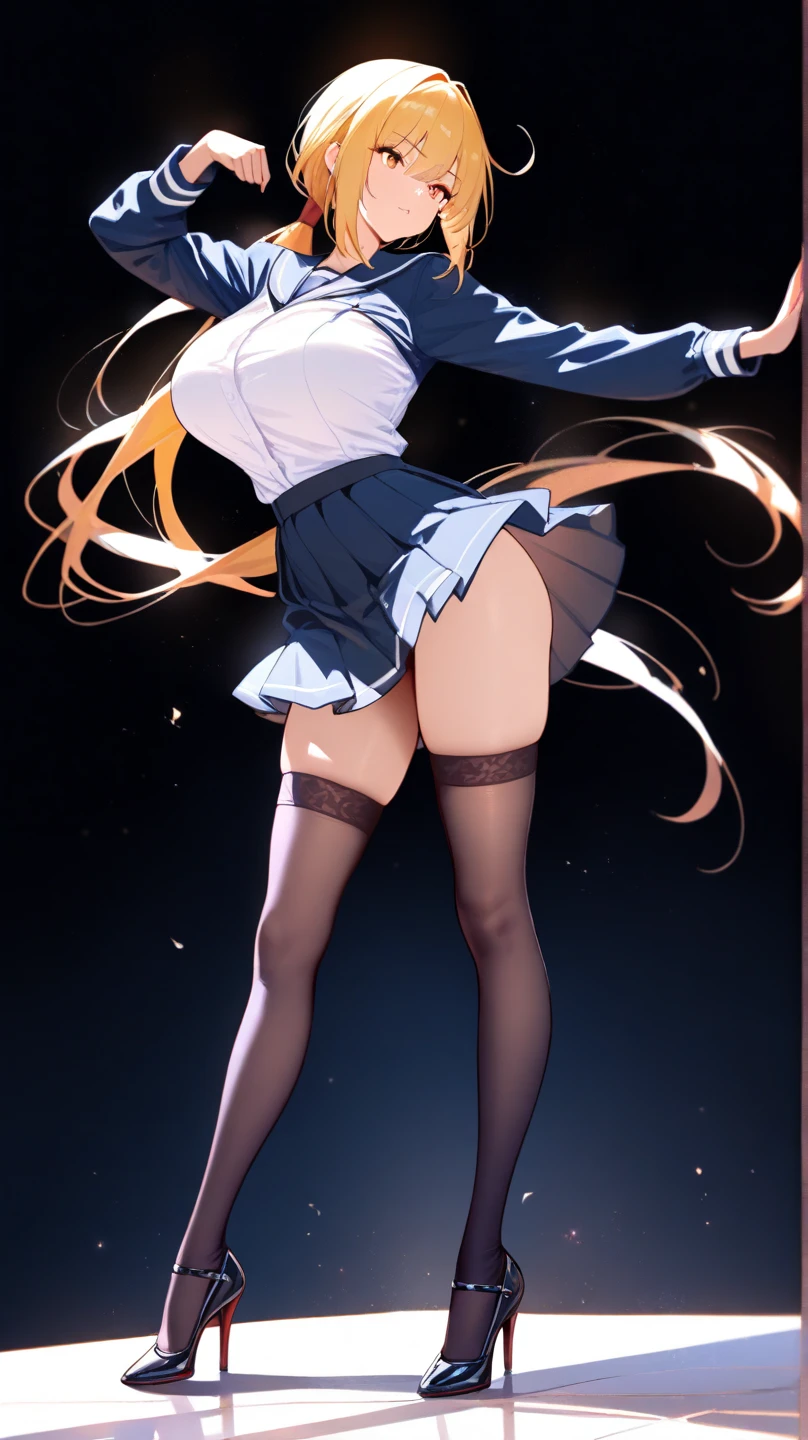 highest quality、one girl,15 years old、high school student、full body figure、very big boobs,big ,perfect 5-fingered hands、Shiranui Mizuki、Water City does not know fire、shy face、perfect thing、big breasts、two perfect arms、two perfect legs、detailed description、small details、detailed face、white skin、Voluptuous legs、erotic pose、long hair、 green shirt, serafuku, white neckerchief, long sleeves, pleated skirt, black skirt, black thighhighs, loafers、school uniform、uniform、mini skirt、black panties、Black Panties、Skirt flip、lift skirt、turn around、look back、Pose that emphasizes the buttocks