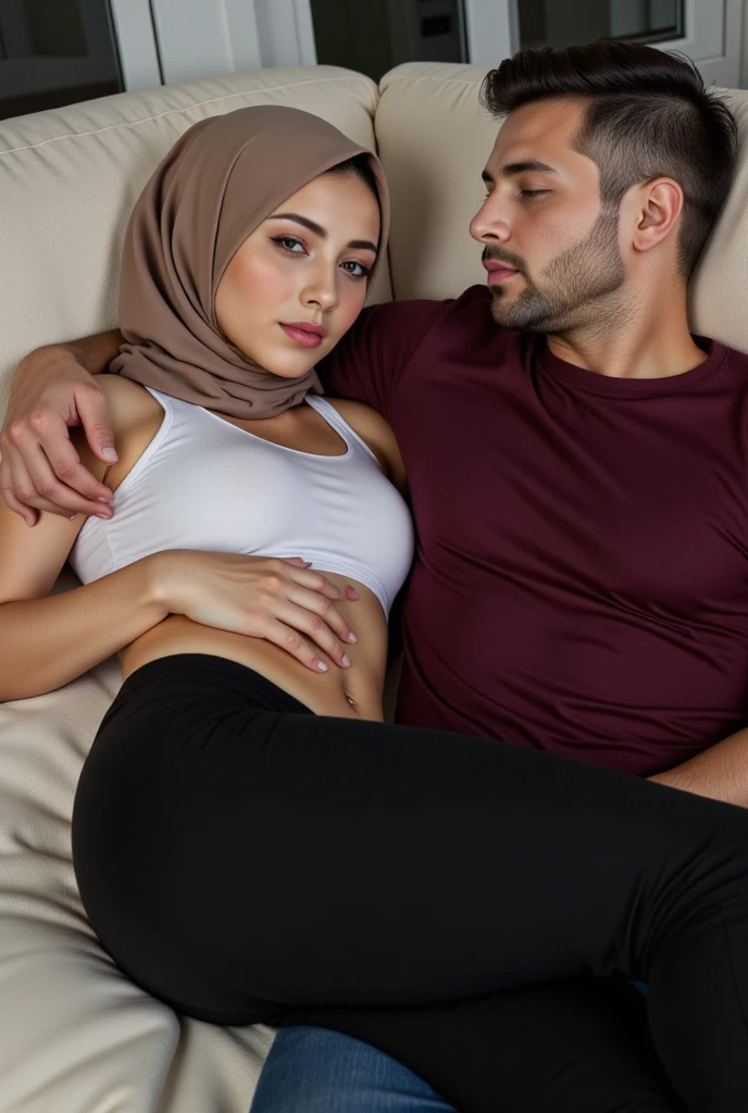with black headscarf, white long sleeve t shirt, barefoot , Sexy skinny woman in jeans lying on the beach. 4 men touching woman&#39;s breasts. 