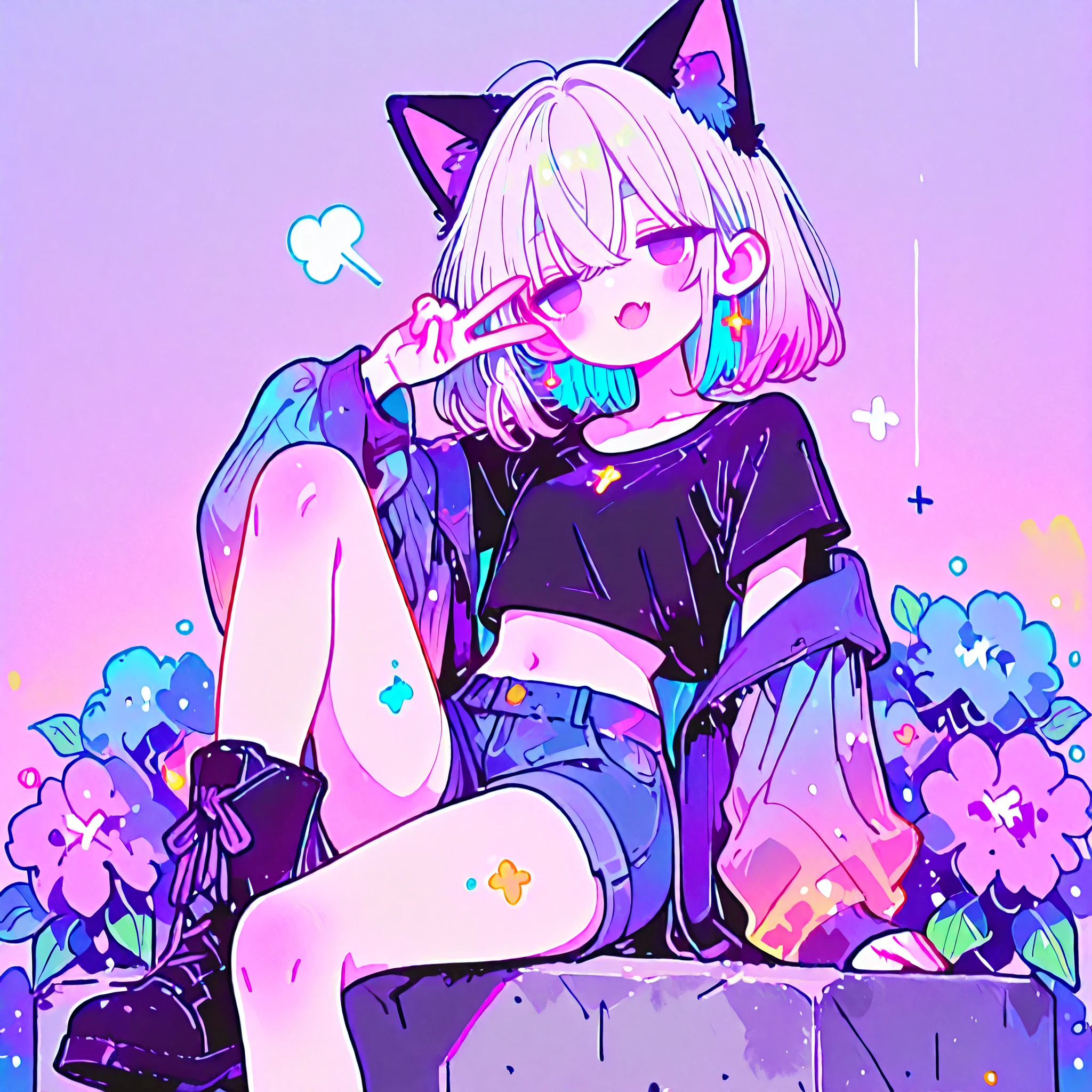 ((Masterpiece)), (from side), ((best quality, very aesthetic, absurdres, newest, detailed background, High Definition)), (8K), ((1girl)), (cute young girl), (Healthy Gaunt body, Textured skin, small chest, tilt head), ((platinum-gold hair)), (cropped shirt, black shirt), (gradient jacket, cropped jacket, long-sleeves, open jacket) cute navel, exposed lower abdomen, (short shorts, Navy blue Denim shorts, unbuttoned shorts), (Thick soled short boots, Enameled fabric black short boots), (double-parted bangs, crossed bangs, blue color Hair Tip), gradient hair, beautiful collarbones, BREAK (open mouth wide, skin fang), seductive smile, blush, puff of air, Thin and short eyebrows, (cute cheeks), glossy lips, pouty lips, (lower eyelashes), (cat ears), ((jitome, pale purple eyes, gradient eyes, looking at side)), V over eye, loose sitting on the aged concrete block, knee up, outdoor, (Colorful hydrangeas bloom), country road, After the rain, Reflecting puddles,