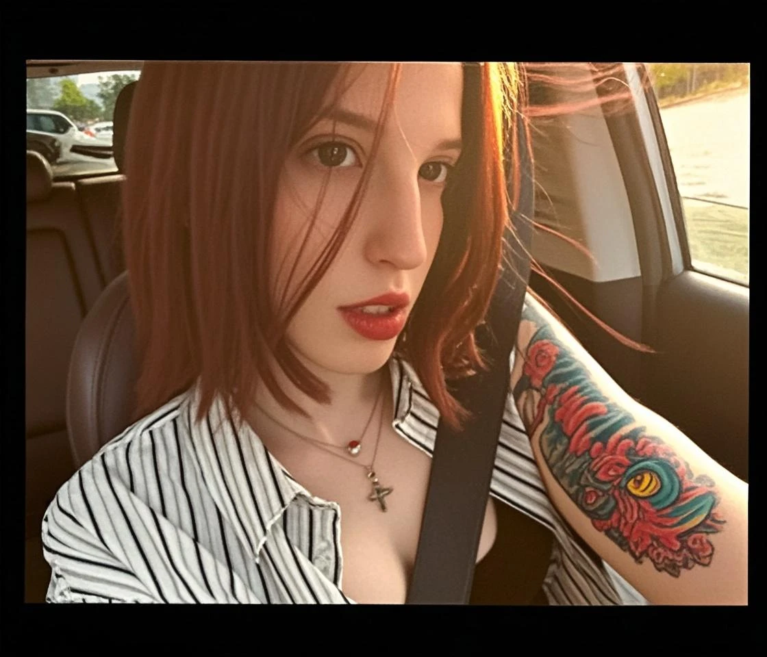front view, pov, woman bj, Film Grain, ginger girl, greek, wearing black bra and black thong, freckles, ginger ,facing the camera, tattoed, Hyperrealism style, piercing, black eyes, dark eyes, punk rock style, punk rock make up, wrapped in ponytail hair, thick hair, blowjob, deepthroat, inside a car, sunny day,