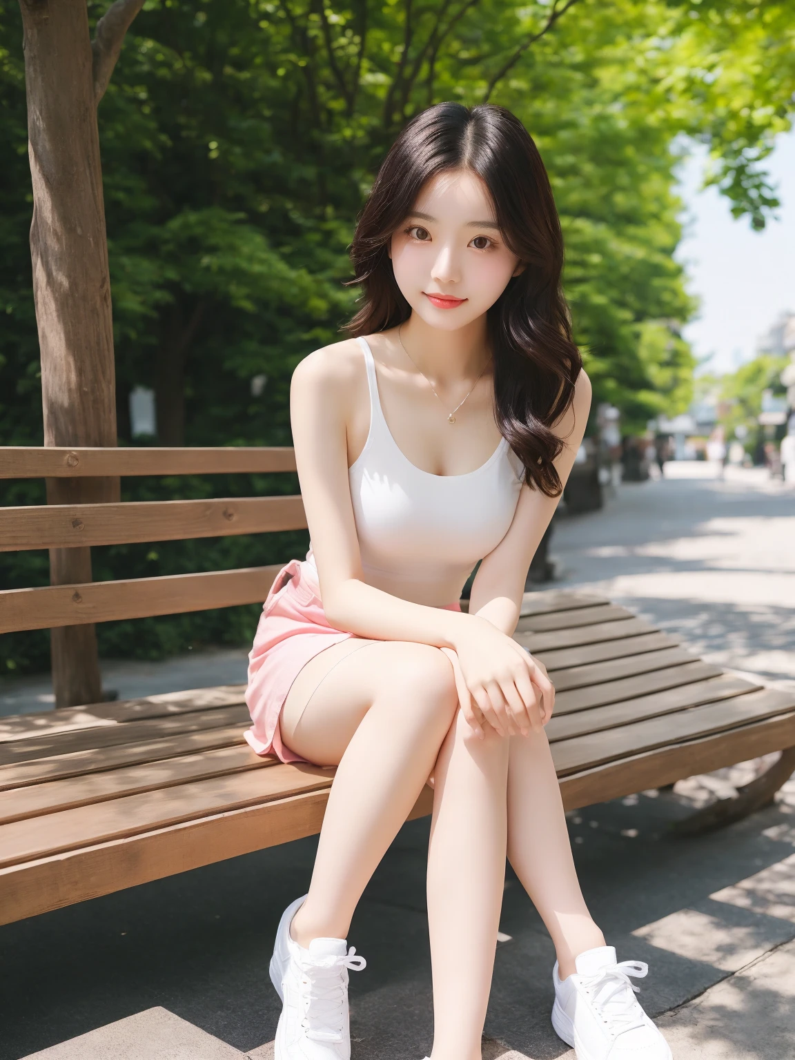 NSFW, front angle, (8k, best quality, masterpiece:1.2), (realistic, photo-realistic:1.37), ultra-detailed, 1 girl, looking at viewer, beautiful detailed sky, detailed cafe street, sitting, full_body, small head, intricate choker, pretty legs:1.2, long legs:1.2, slim legs, high heels:1.3, white socks:1.4, medium breasts, high-waist, narrow waist, off-shoulder, belt, short bottoms, beautiful detailed eyes, daytime, warm tone, white lace, (long hair:1.4), silver medium hair, white skin, cinematic light, street light, (tea table:1), (hand bag:1), ulzzang-6500-v1.1:0.66,