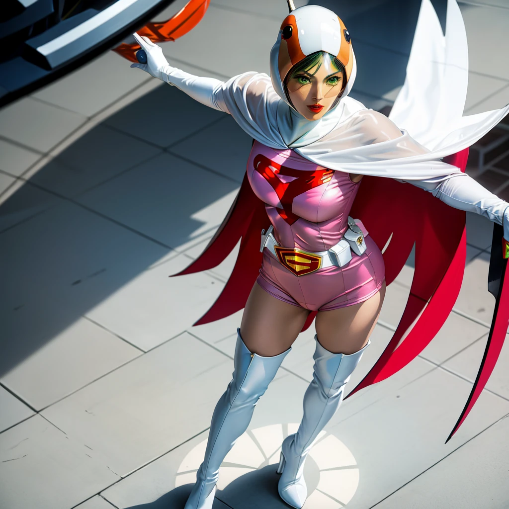 ANI_CLASSIC_jun_gatchaman_ownwaifu,1girl, 15yo,good anatomy, masterpiece, best quality,realistic, hyper realistic, 16k hdr, long hair,breasts,lips,large breasts,lipstick,makeup,gloves,cape,helmet,belt,elbow gloves,white gloves,mask,ultra miniskirt,leotard,spacesuit,white tight overknee highheels boots,pink dress,superhero,bodysuit,cleavage,erected nipples,(fighting poses),cameltoe
