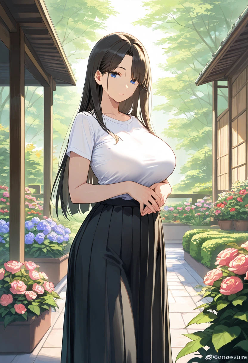 (High quality, High resolution, Fine details), Garden, Black shirt, Red skirt, solo, curvy adult women, sparkling eyes, (Detailed eyes:1.2), smile, blush, Sweat, Oily skin, Soft tones, shallow depth of field
