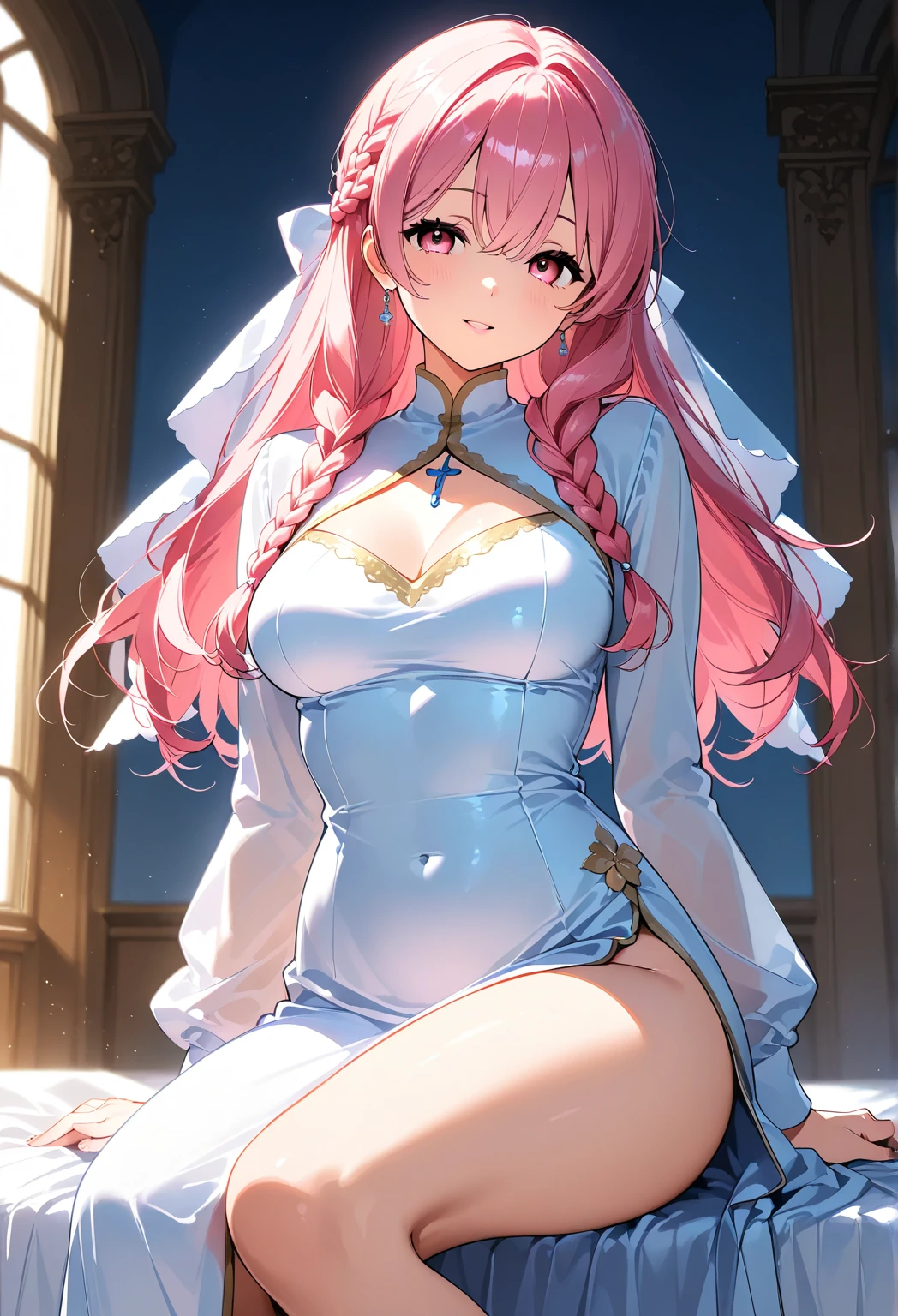 (masterpiece:1.2), (best quality:1.2), bedroom, best illumination, best shadows, cowboy shot, best lighting blue eyes, tiara, pink hair, white dress, large breasts, white stockings, very long hair, (parted bangs:1.2), (forehead:, pink panties, gloves, exposed shoulders, cleavage
